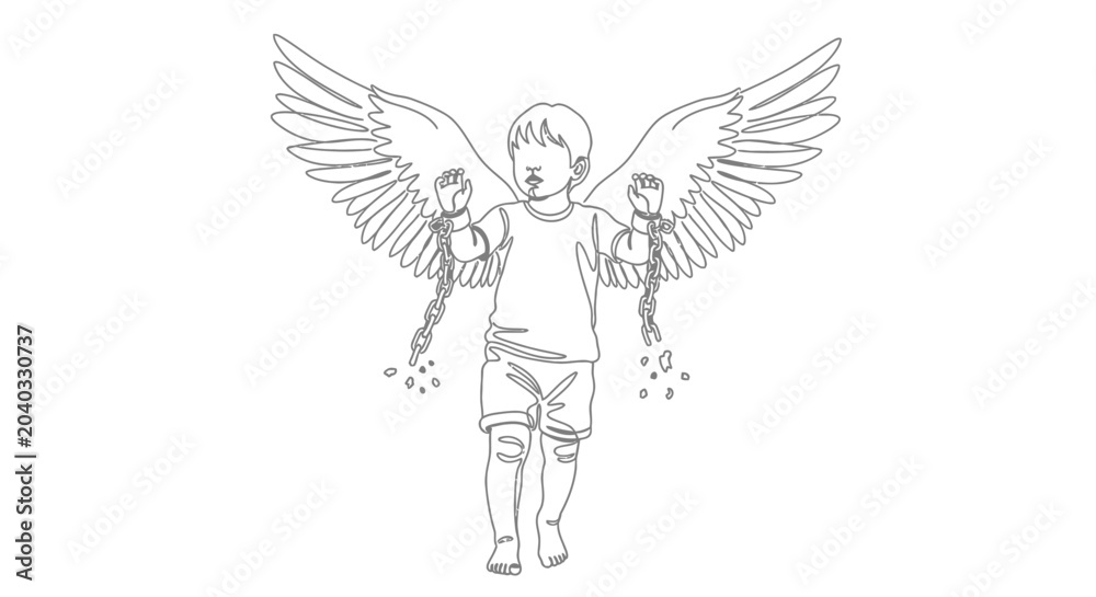Fototapeta premium Innocent child with angel wings breaking free from chains, symbolizing hope and liberation.