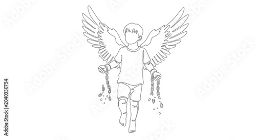 Canvas Print Child Angel with Broken Chains, Freedom Symbol, White Background Line Art