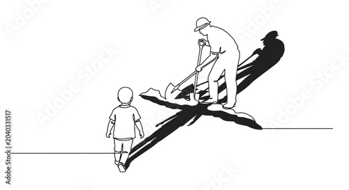 Man digging with shovel, child watches, long shadow, outdoor, line art illustration