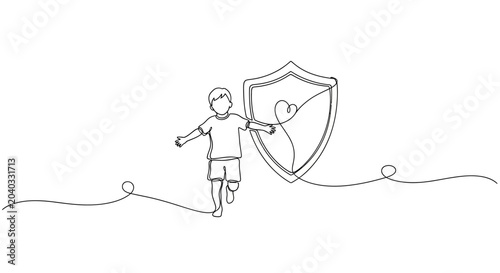 Child Running with Shield Icon, Continuous Line Drawing, Protection Concept