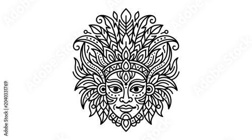 Billede på lærred Elaborate feathered headdress woman face line art.