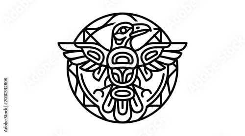 Foto Pacific Northwest indigenous raven bird icon in circular frame.