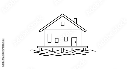 Stilt House Icon on Water Waves, Minimalist Line Art, Simple Architecture Design