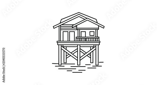 Stilt House Icon on Water, Minimalist Line Art Building