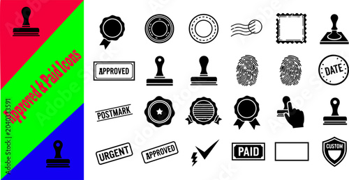 Rubber stamp vector icons set featuring approved and paid office seals, official document certificate medal ribbons, postal postmark, fingerprint biometric, and urgent checkmark symbols.