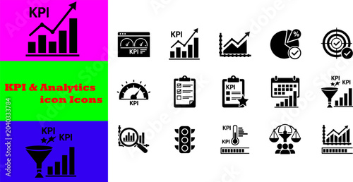 KPI and business analytics vector icons set featuring performance dashboard monitor, growth bar chart with text, data funnel conversion, checklist report, and management strategy symbols.