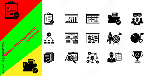 Office management vector icons set with corporate business growth graph, project data folder, teamwork chat, organization hierarchy chart, target goal achievement, and trophy symbols.