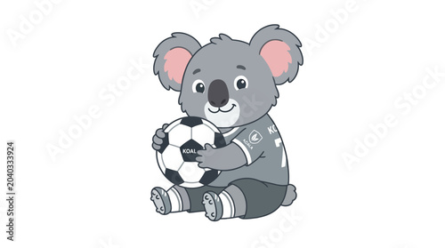 Canvas Print Cute grey koala mascot in soccer jersey with black white sport ball suitable for sports team logos, merchandise, and advertising designs
