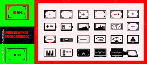 Camera viewfinder overlay video recording screen interface vector icons set with rec indicator, battery level, focus grid, histogram, and audio wave symbols for digital photography and cinematography.