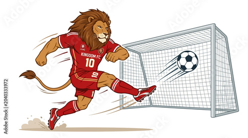 Schilderij op canvas Kingdom fc lion mascot in red shorts, soccer ball, white net goal  ideal for sports team branding, soccer promotions, social media