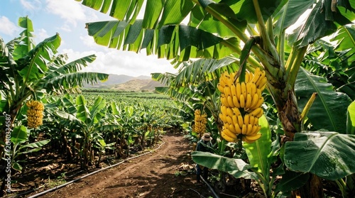 Photos Banana plantation with worker tending to crops on sunny day
