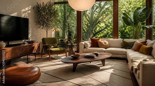 Modern living room with large windows and lush greenery.