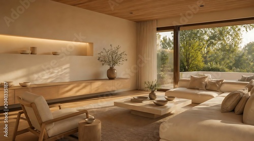 Modern living room with large windows overlooking a lush green landscape at sunset.