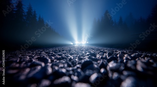 Nighttime forest gravel road illuminated by car headlights, low-angle view from stones on ground, dramatic cinematic atmosphere with fog and deep blue sky