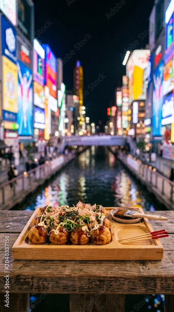Fototapeta premium Traditional Japanese Takoyaki Street Food at Night Market