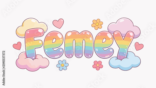 Rainbow Femey Text with Clouds and Flowers Vector
