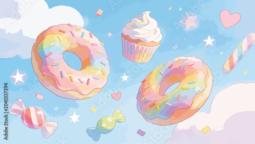 Rainbow Donut Cupcake Candy Cloud Illustration