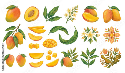 Cuadro en lienzo Decorative mango fruit and tropical flower gouache vector patterns isolated on w
