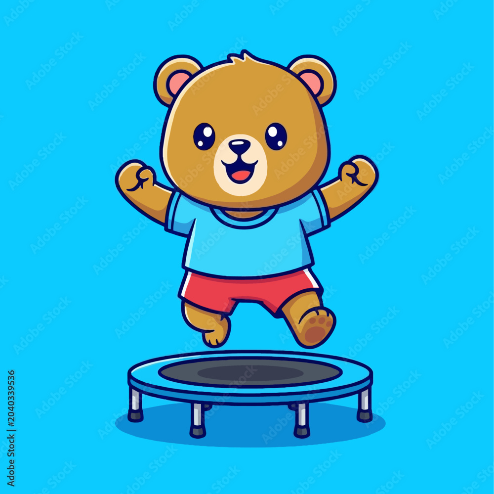 Obraz premium Cute cartoon bear jumping on a trampoline.