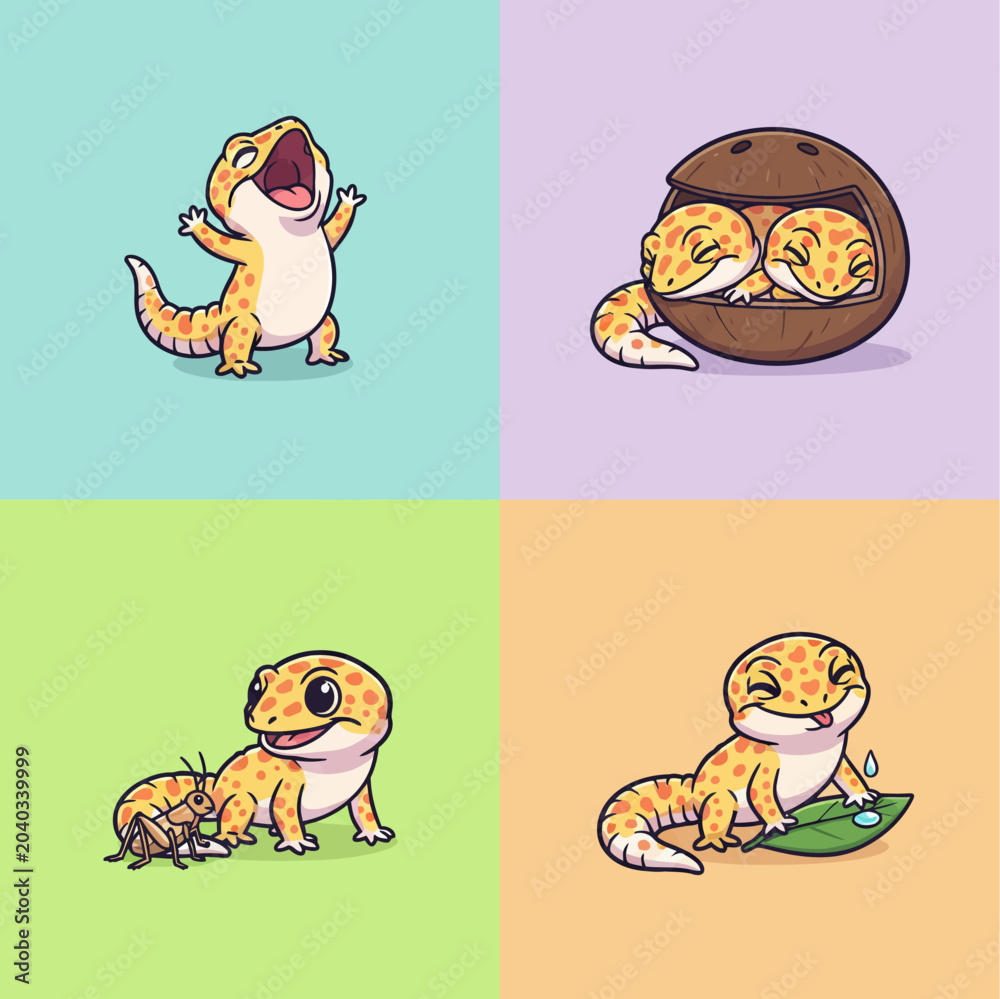 Obraz premium Cute Cartoon Leopard Geckos in Various Adorable Poses.