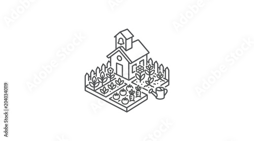 Foto Isometric house with vegetable garden and watering can icon.