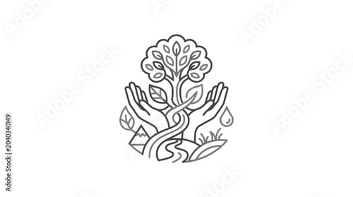 Fotografie Hands nurturing growing tree with environmental landscape icon.