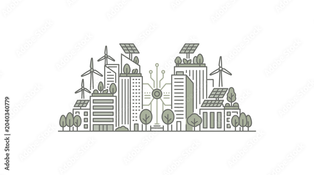 Obraz premium Modern sustainable city skyline with renewable energy infrastructure.