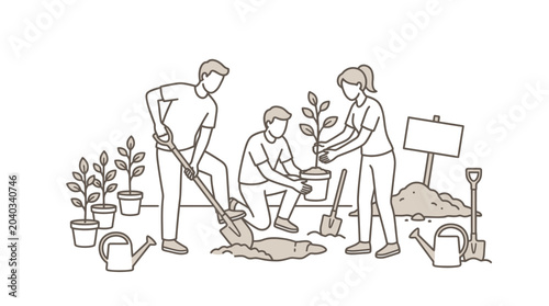 Fotografía Group gardening and planting saplings line art.