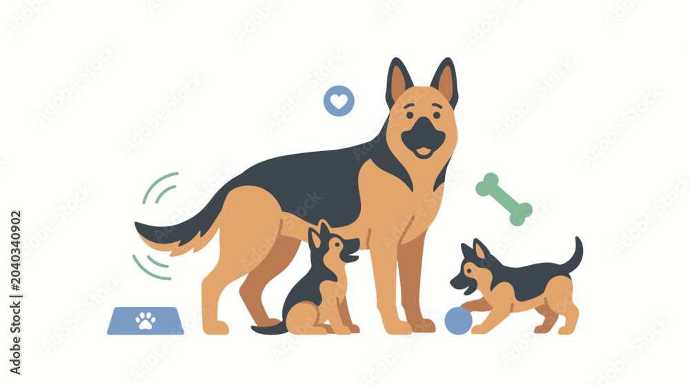 Naklejka premium German Shepherd Dog with Puppies and Pet Care Accessories Vector Illustration