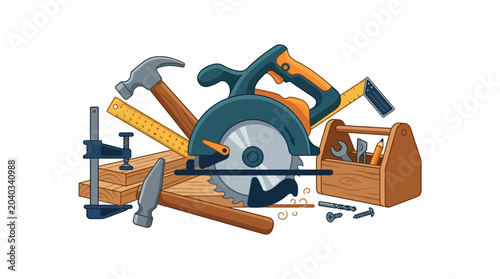 Canvastavla Single Flat Icon Illustration of Carpentry Workshop Equipment and Woodcraft Tool