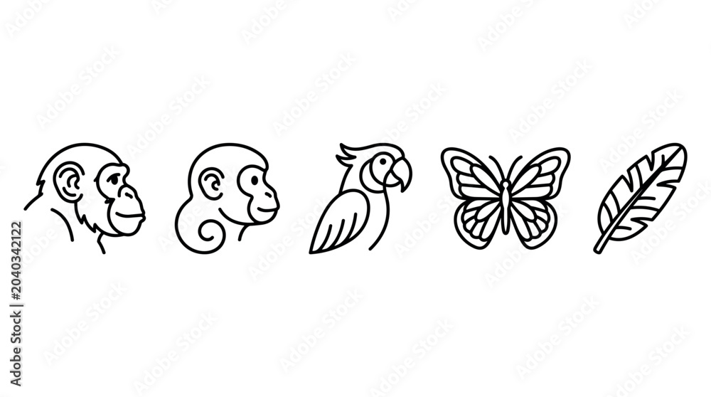 Obraz premium Various animal and nature line art illustrations featuring a chimpanzee, monkey, parrot, butterfly, and feather in a minimalist style.