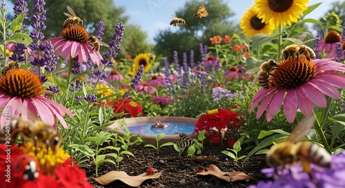 Vibrant Summer Garden with Bees Pollinating Echinacea and Sunflowers.