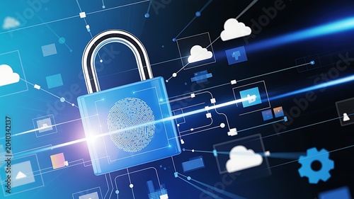 Cybersecurity and digital security concept with a padlock, fingerprint scan, and cloud technology icons on a futuristic background