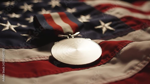 A silver medal with a patriotic ribbon resting on a draped American flag, representating Memorial Day, Veterans Day, or other patriotic USA holiday.	
