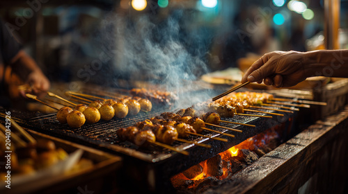 本格的な日本の夜市で熱々に焼ける食材をクローズアップで捉えた臨場感ある写真