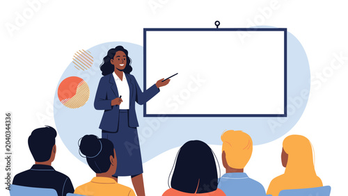 Confident professional woman in a suit pointing at a blank whiteboard during a business presentation to an audience.