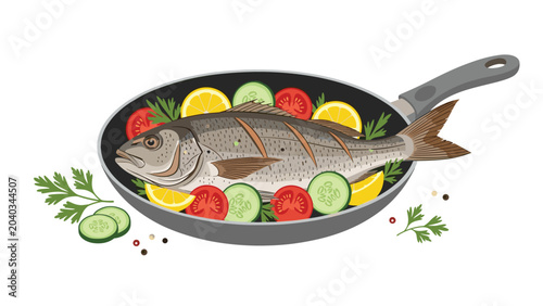 Delicious cooked fish served in a frying pan with fresh lemon slices, cherry tomatoes, cucumbers, and green herbs.