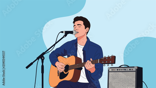 Musician playing an acoustic guitar and singing into a microphone on a stage with an amplifier and abstract background.