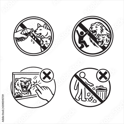 Clean black‑white vector prohibition icons for zoo visitors, clear safety rules to prevent feeding, climbing, tapping glass, and littering. Ideal for public signage and educational use.