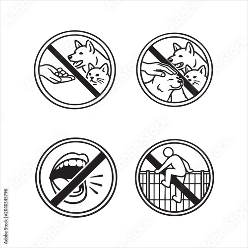 Minimalist black‑white vector prohibition icons for zoo visitors, clear safety signs to prevent feeding, touching, shouting, and climbing. Perfect for educational and public signage use.