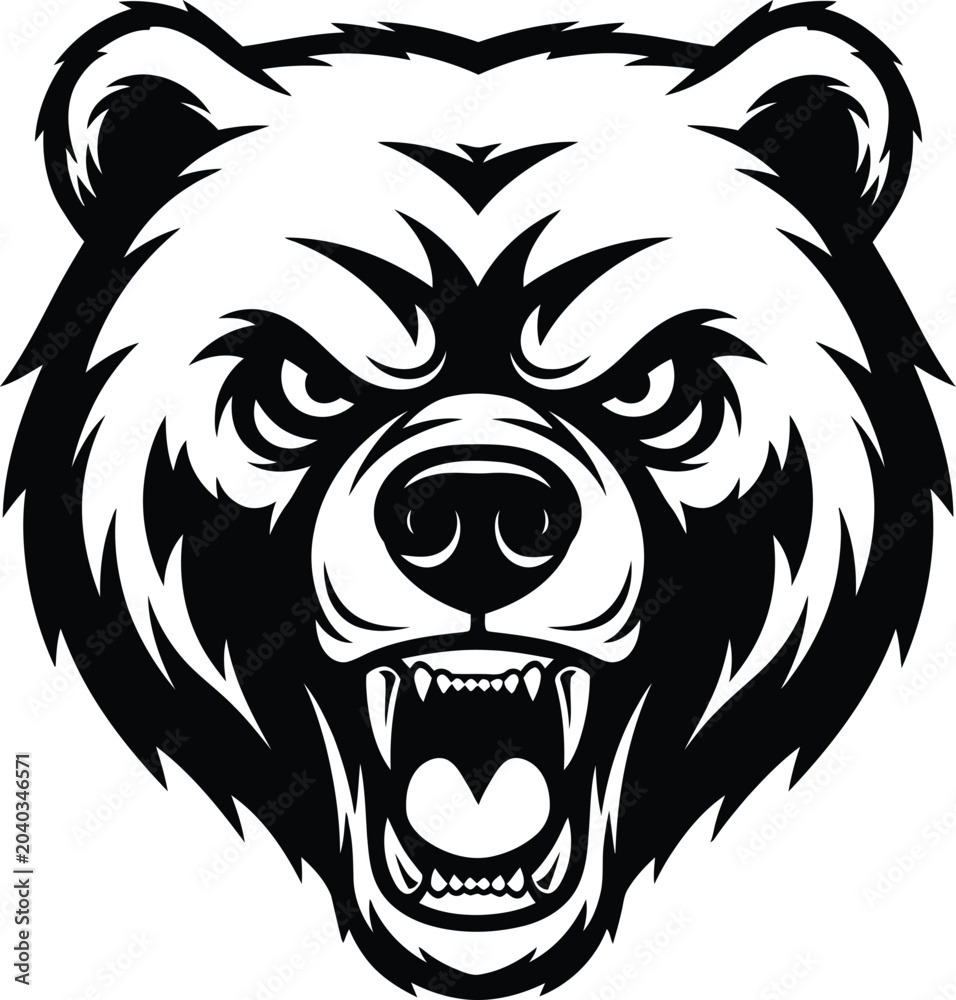 Fototapeta premium Aggressive bear head graphic black and white vector illustration