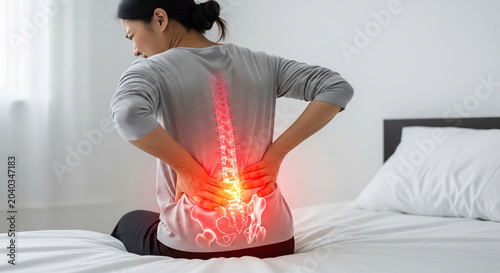 A person sitting on a bed clutching their lower back in agony, with a glowing spinal graphic symbolizing intense back pain or a medical condition