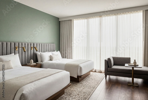Premium hotel reception lounge with spacious architecture and no people and green courtyard