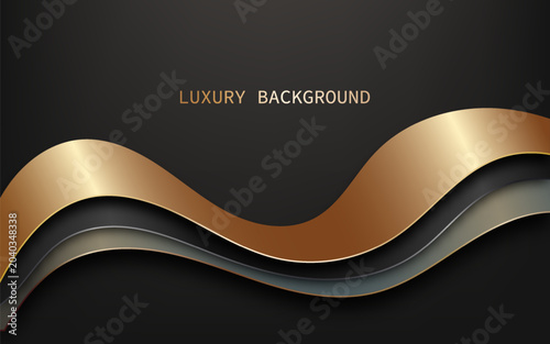 Elegant luxury abstract background with flowing gold, black, and silver wave ribbons on a dark gradient backdrop. Vector Illustration