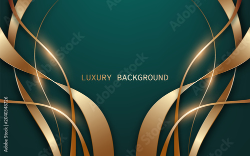 Luxury abstract background with green tones and elegant metallic gold curved lines forming a layered composition. Vector Illustration