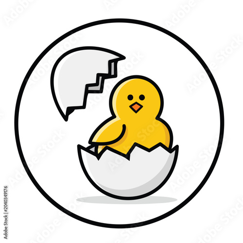 A cute yellow baby chick hatching from a cracked white egg inside a circular frame.