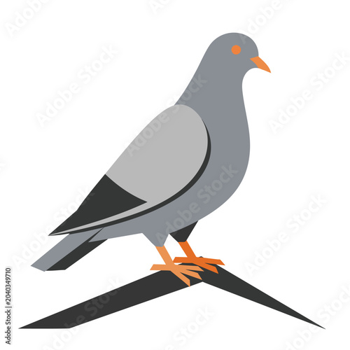 Minimalist vector illustration of a grey pigeon perched on a sharp rooftop.