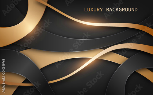 Modern luxury abstract background with elegant black and metallic gold flowing ribbons layered in a geometric composition. Vector Illustration