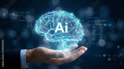 Artificial Intelligence Concept with Glowing Digital Brain Hologram Hovering Over Businessman Hand