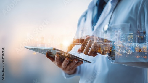 Healthcare business, digital health technology interface (close up, focus on) bright tones, Double exposure silhouette with doctor using tablet. 
